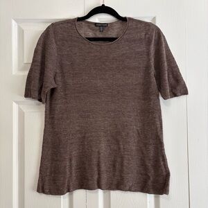 Eileen Fisher Linen Blend Chocolate Brown Short Sleeve Knit Top Quiet Luxury MED